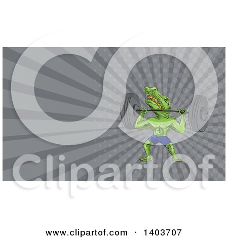 Clipart of a Cartoon Sobek Egyptian Diety Crocodile Man Lifting a Barbell and Gray Rays Background or Business Card Design - Royalty Free Illustration by patrimonio