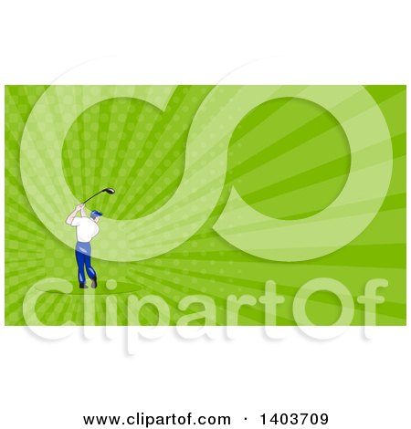 Clipart of a Rear View of a Cartoon White Male Golfer Swinging and Green Rays Background or Business Card Design - Royalty Free Illustration by patrimonio