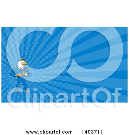 Clipart of a Cartoon Bald Eagle Police Officer Man Holding a Baton and Blue Rays Background or Business Card Design - Royalty Free Illustration by patrimonio
