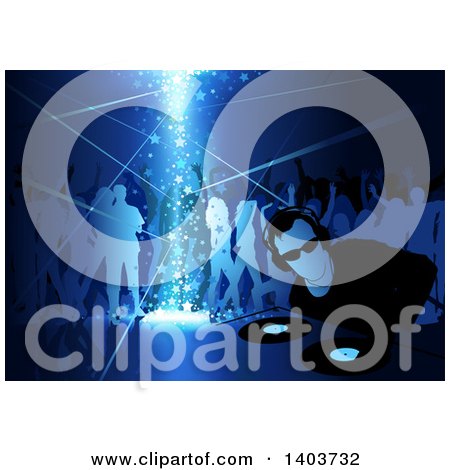 Clipart of a Male Dj and Silhouetted Dancers in Blue Tones, with Stars Shining down - Royalty Free Vector Illustration by dero