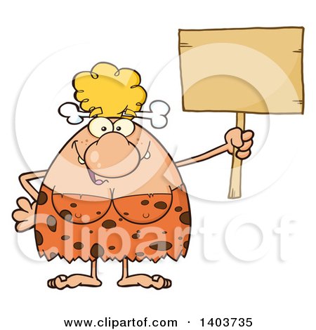Cartoon Clipart of a Cave Woman Holding up a Blank Sign - Royalty Free Vector Illustration by Hit Toon