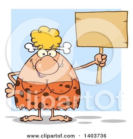 Cartoon Clipart of a Cave Woman Holding up a Blank Sign, on Blue - Royalty Free Vector Illustration by Hit Toon