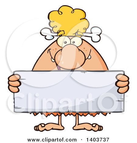 Cartoon Clipart of a Cave Woman Holding a Blank Stone Sign - Royalty Free Vector Illustration by Hit Toon