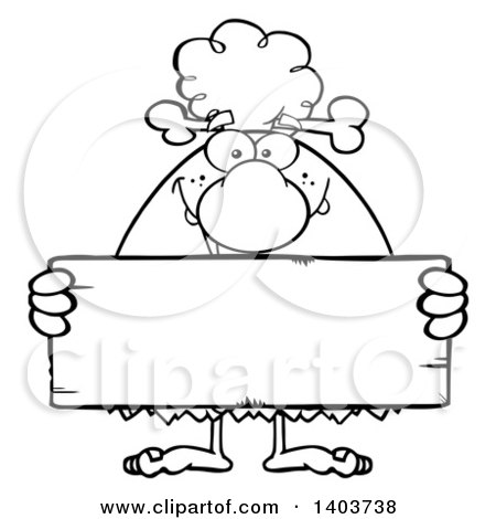 Cartoon Clipart of a Black and White Lineart Cave Woman Holding a Blank Stone Sign - Royalty Free Vector Illustration by Hit Toon
