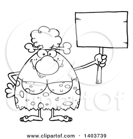 Cartoon Clipart of a Black and White Lineart Cave Woman Holding up a Blank Sign - Royalty Free Vector Illustration by Hit Toon
