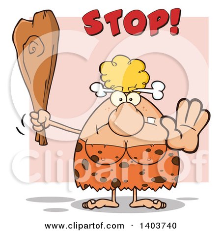 Cartoon Clipart of a Cave Woman Holding a Club and Gesturing Stop, over Pink - Royalty Free Vector Illustration by Hit Toon