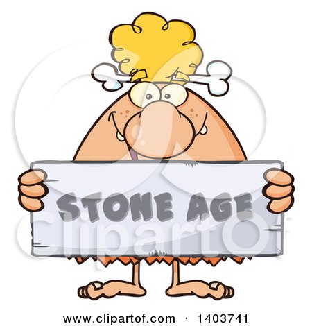Cartoon Clipart of a Cave Woman Holding a Stone Age Sign - Royalty Free Vector Illustration by Hit Toon