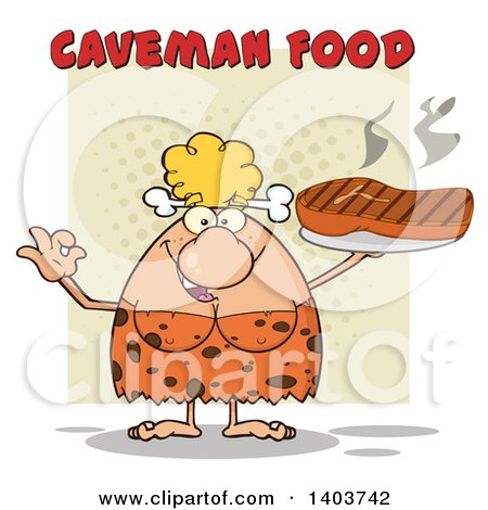 Cartoon Clipart of a Cave Woman Serving a Grilled Beef Steak and Gesturing Ok, on Tan - Royalty Free Vector Illustration by Hit Toon