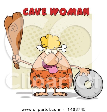 Cartoon Clipart of a Creative Cave Woman Holding a Club by a Stone Wheel, on Tan - Royalty Free Vector Illustration by Hit Toon