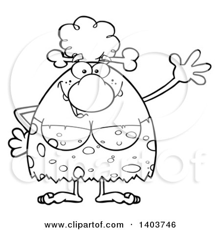 Cartoon Clipart of a Black and White Lineart Friendly Cave Woman Waving - Royalty Free Vector Illustration by Hit Toon