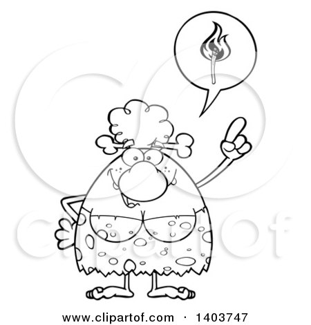 Cartoon Clipart of a Black and White Lineart Cave Woman Thinking of Fire - Royalty Free Vector Illustration by Hit Toon