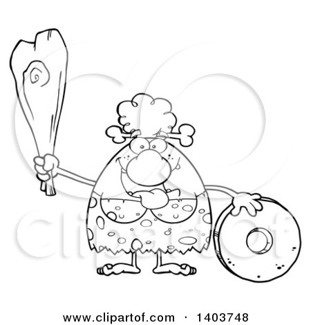 Cartoon Clipart of a Black and White Lineart Creative Cave Woman Holding a Club by a Stone Wheel - Royalty Free Vector Illustration by Hit Toon