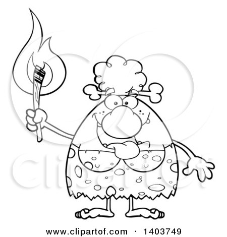 Cartoon Clipart of a Black and White Lineart Cave Woman Holding a Torch - Royalty Free Vector Illustration by Hit Toon