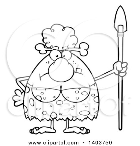 Cartoon Clipart of a Black and White Lineart Mad Cave Woman with a Spear - Royalty Free Vector Illustration by Hit Toon
