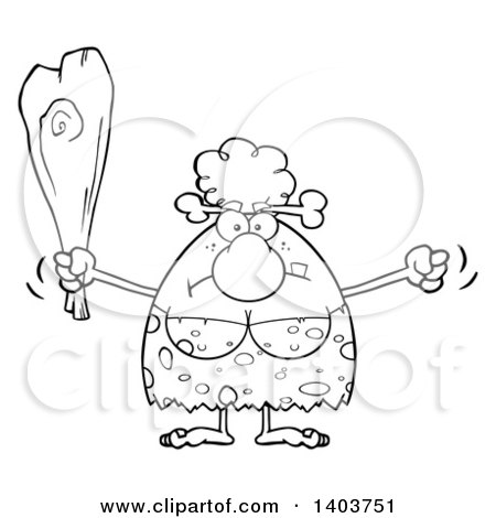 Cartoon Clipart of a Black and White Lineart Mad Cave Woman Waving a Fist and Club - Royalty Free Vector Illustration by Hit Toon