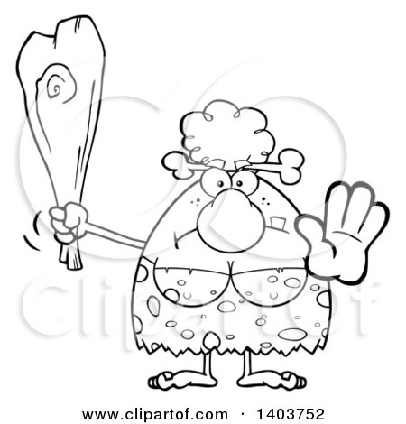 Cartoon Clipart of a Black and White Lineart Cave Woman Holding a Club and Gesturing Stop - Royalty Free Vector Illustration by Hit Toon