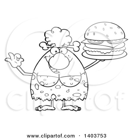 Cartoon Clipart of a Black and White Lineart Cave Woman Holding a Cheeseburger - Royalty Free Vector Illustration by Hit Toon