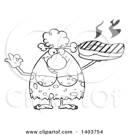 Cartoon Clipart of a Black and White Lineart Cave Woman Serving a Grilled Beef Steak and Gesturing Ok - Royalty Free Vector Illustration by Hit Toon