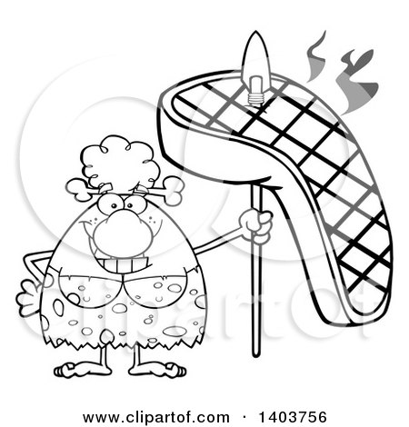 Cartoon Clipart of a Black and White Lineart Cave Woman with a Grilled Steak on a Spear - Royalty Free Vector Illustration by Hit Toon