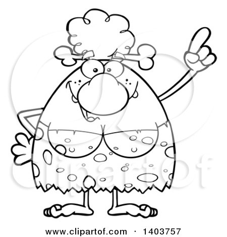 Cartoon Clipart of a Black and White Lineart Cave Woman with an Idea - Royalty Free Vector Illustration by Hit Toon