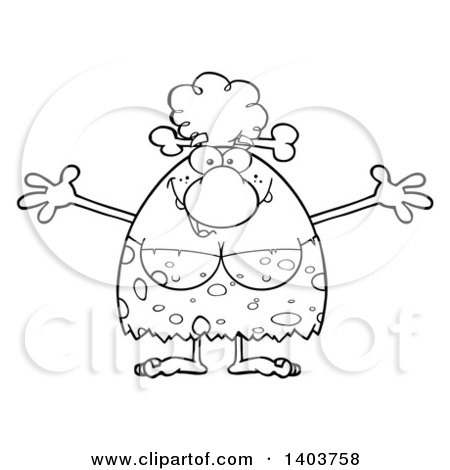 Cartoon Clipart of a Black and White Lineart Loving Cave Woman with Open Arms - Royalty Free Vector Illustration by Hit Toon