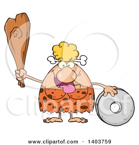 Cartoon Clipart of a Creative Cave Woman Holding a Club by a Stone Wheel - Royalty Free Vector Illustration by Hit Toon