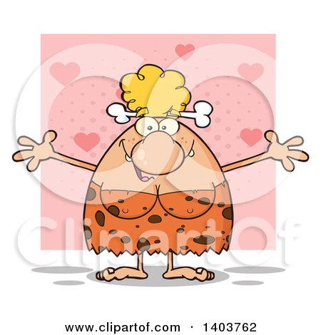 Cartoon Clipart of a Loving Cave Woman with Open Arms, on Pink - Royalty Free Vector Illustration by Hit Toon