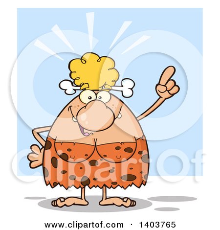 Cartoon Clipart of a Cave Woman with an Idea, on Blue - Royalty Free Vector Illustration by Hit Toon