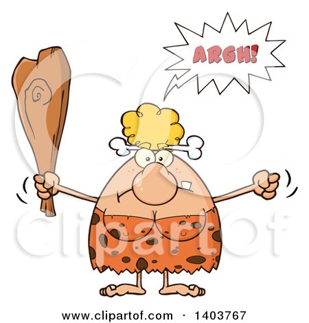 Cartoon Clipart of a Mad Cave Woman Yelling, Waving a Fist and Club - Royalty Free Vector Illustration by Hit Toon