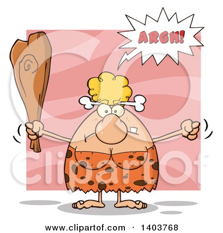 Cartoon Clipart of a Mad Cave Woman Yelling, Waving a Fist and Club, on Pink - Royalty Free Vector Illustration by Hit Toon
