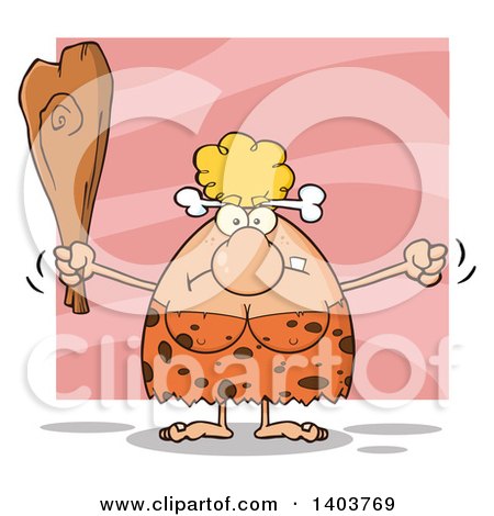 Cartoon Clipart of a Mad Cave Woman Waving a Fist and Club, on Pink - Royalty Free Vector Illustration by Hit Toon