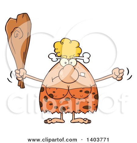 Cartoon Clipart of a Mad Cave Woman Waving a Fist and Club - Royalty Free Vector Illustration by Hit Toon