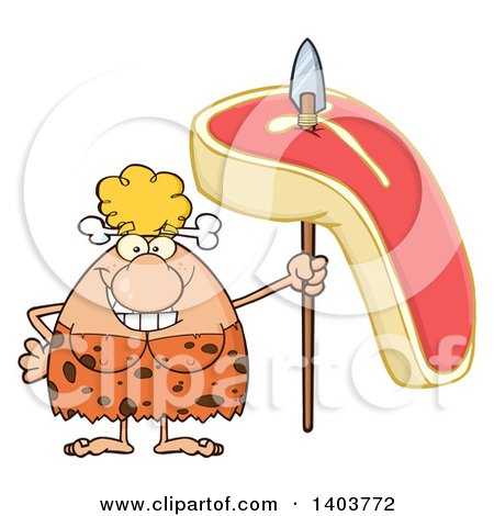 Cartoon Clipart of a Cave Woman with a Raw Steak on a Spear - Royalty Free Vector Illustration by Hit Toon