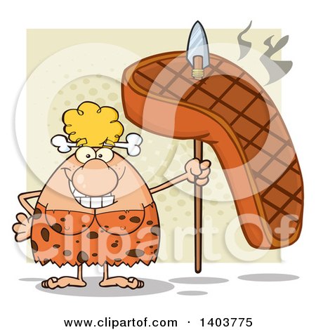 Cartoon Clipart of a Cave Woman with a Grilled Steak on a Spear, on Tan - Royalty Free Vector Illustration by Hit Toon