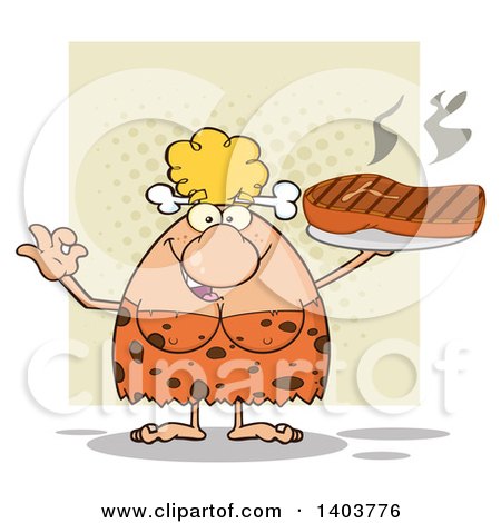 Cartoon Clipart of a Cave Woman Serving a Grilled Beef Steak and Gesturing Ok, on Tan - Royalty Free Vector Illustration by Hit Toon