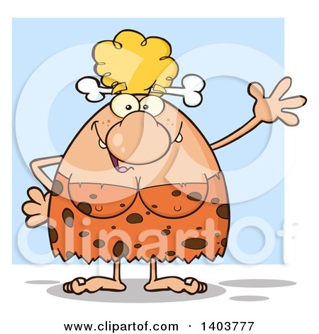 Cartoon Clipart of a Friendly Cave Woman Waving, over Blue - Royalty Free Vector Illustration by Hit Toon