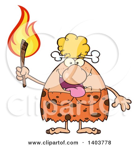 Cartoon Clipart of a Cave Woman Holding a Torch - Royalty Free Vector Illustration by Hit Toon