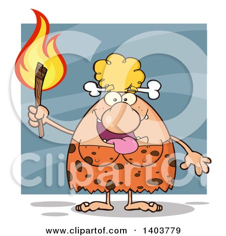 Cartoon Clipart of a Cave Woman Holding a Torch, over Blue - Royalty Free Vector Illustration by Hit Toon
