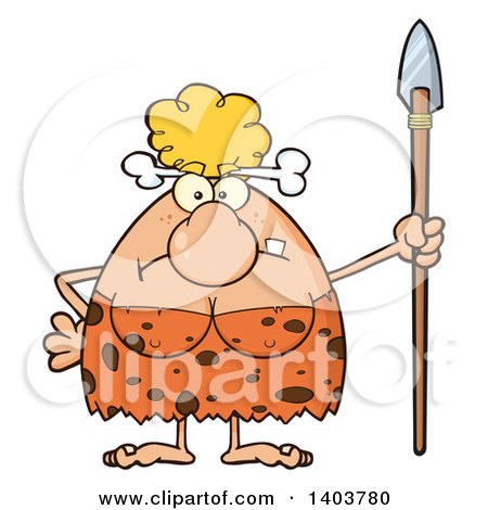 Cartoon Clipart of a Mad Cave Woman with a Spear - Royalty Free Vector Illustration by Hit Toon