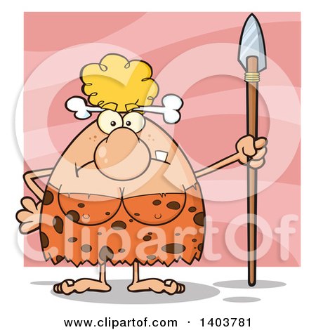 Cartoon Clipart of a Mad Cave Woman with a Spear, on Pink - Royalty Free Vector Illustration by Hit Toon