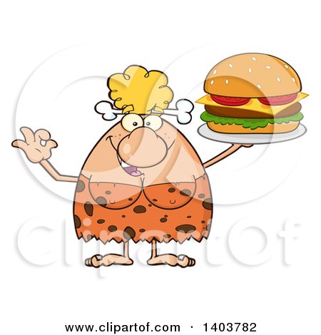 Cartoon Clipart of a Cave Woman Holding a Cheeseburger - Royalty Free Vector Illustration by Hit Toon