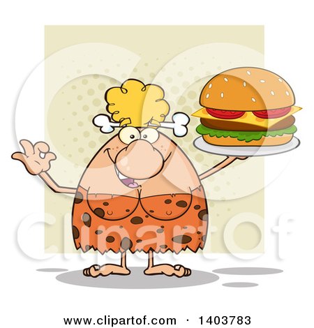 Cartoon Clipart of a Cave Woman Holding a Cheeseburger, on Tan - Royalty Free Vector Illustration by Hit Toon