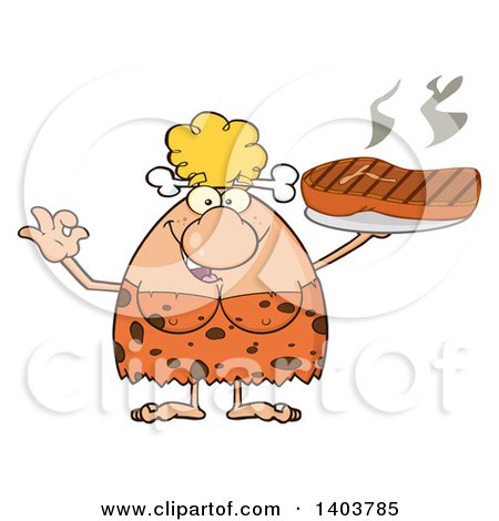Cartoon Clipart of a Cave Woman Serving a Grilled Beef Steak and Gesturing Ok - Royalty Free Vector Illustration by Hit Toon