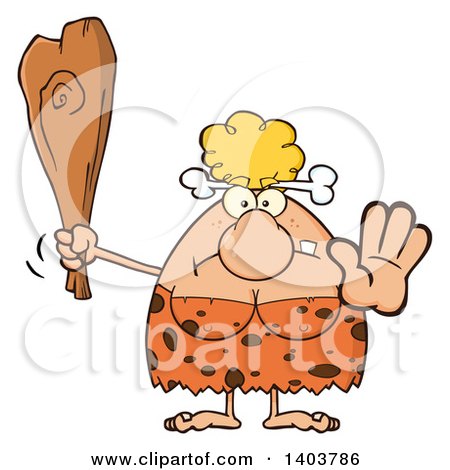 Cartoon Clipart of a Cave Woman Holding a Club and Gesturing Stop - Royalty Free Vector Illustration by Hit Toon