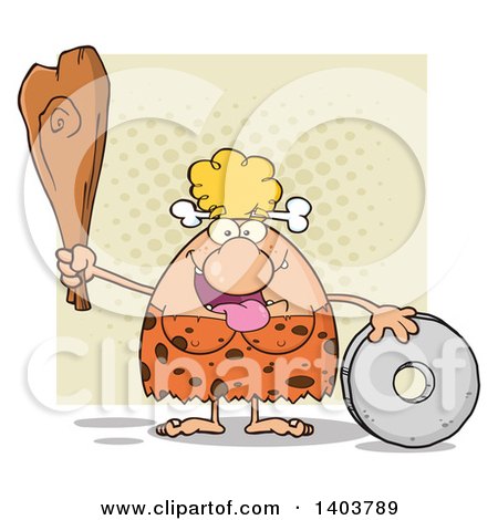 Cartoon Clipart of a Creative Cave Woman Holding a Club by a Stone Wheel, on Tan - Royalty Free Vector Illustration by Hit Toon