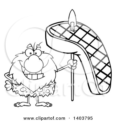 Cartoon Clipart of a Black and White Lineart Caveman Mascot Character Holding a Grilled Beef Steak on a Spear - Royalty Free Vector Illustration by Hit Toon