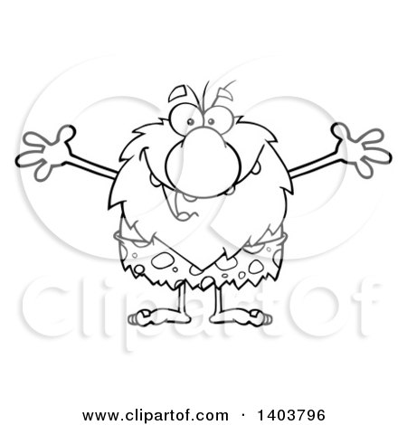 Cartoon Clipart of a Black and White Lineart Caveman Mascot Character Wanting a Hug - Royalty Free Vector Illustration by Hit Toon