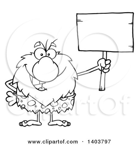 Cartoon Clipart of a Black and White Lineart Caveman Mascot Character Holding up a Blank Sign - Royalty Free Vector Illustration by Hit Toon