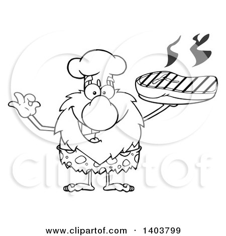 Cartoon Clipart of a Black and White Lineart Chef Caveman Mascot Character Holding a Grilled Beef Steak - Royalty Free Vector Illustration by Hit Toon