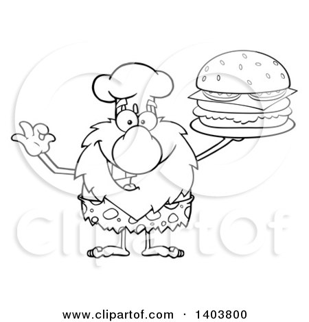 Cartoon Clipart of a Black and White Lineart Chef Caveman Mascot Character Holding a Cheeseburger - Royalty Free Vector Illustration by Hit Toon